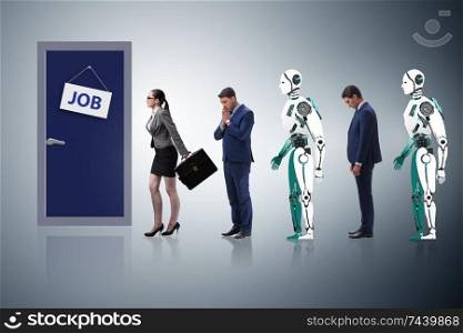The woman man and robot competing for jobs. Woman man and robot competing for jobs