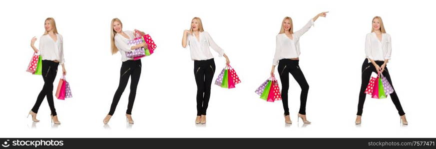 The woman many shopping bags after shopping isolated on white. Woman many shopping bags after shopping isolated on white