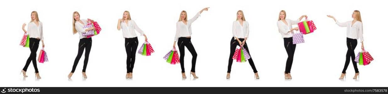 The woman many shopping bags after shopping isolated on white. Woman many shopping bags after shopping isolated on white