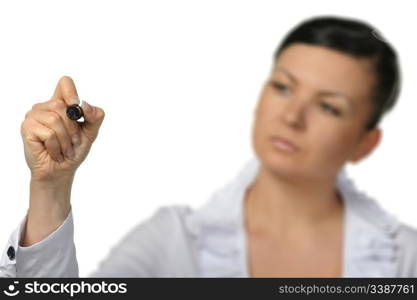 The woman nfelt pen. Selective focus. It is isolated on a white background.