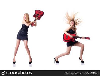 The woman playing guitar isolated on the white. Woman playing guitar isolated on the white