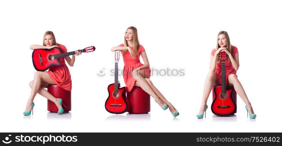 The woman playing guitar isolated on white. Woman playing guitar isolated on white