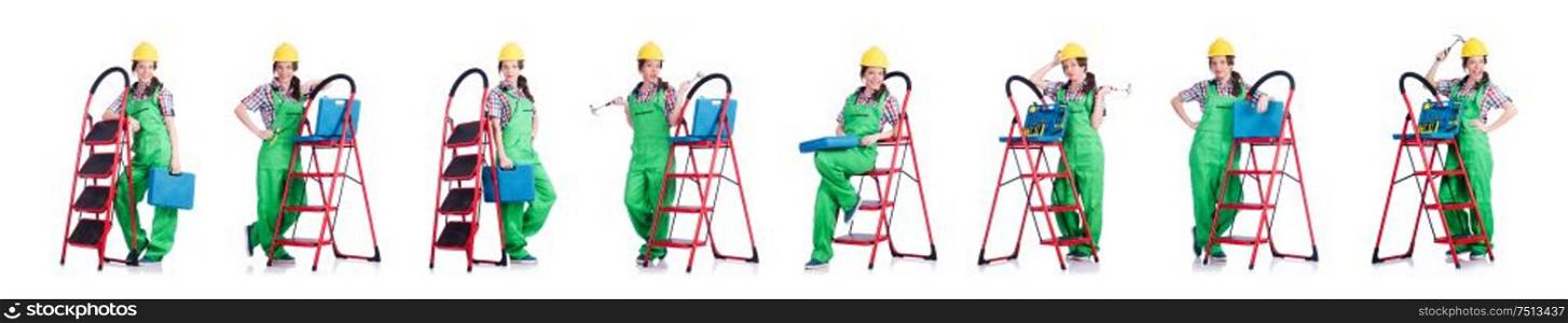 The woman repair worker with ladder. Woman repair worker with ladder