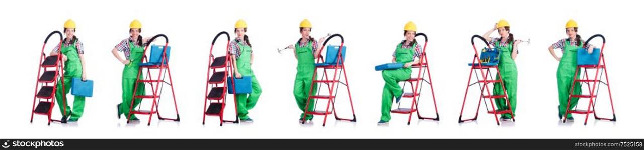 The woman repair worker with ladder. Woman repair worker with ladder