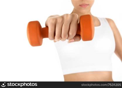 The woman trains muscles of the hands, isolated