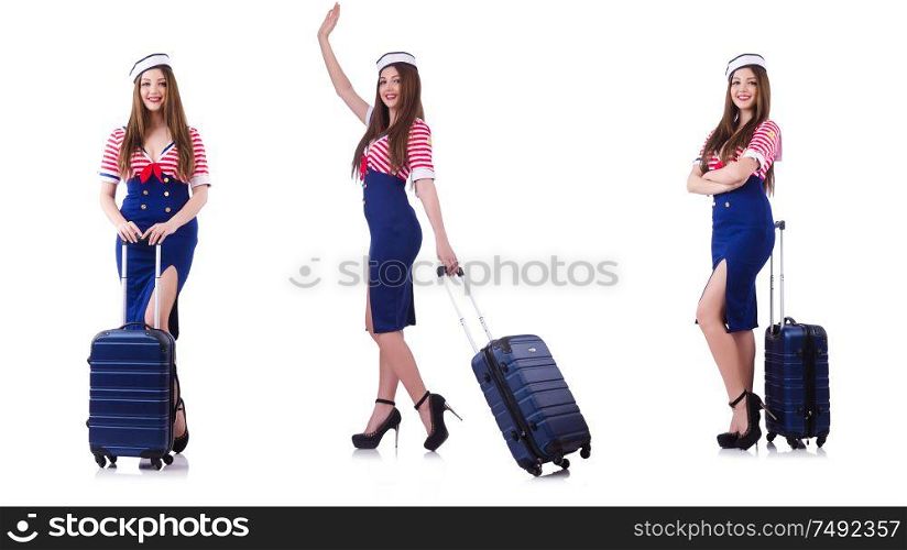 The woman travel attendant with suitcase on white. Woman travel attendant with suitcase on white
