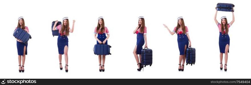 The woman travel attendant with suitcase on white. Woman travel attendant with suitcase on white