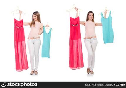 The woman trying new clothing on white. Woman trying new clothing on white