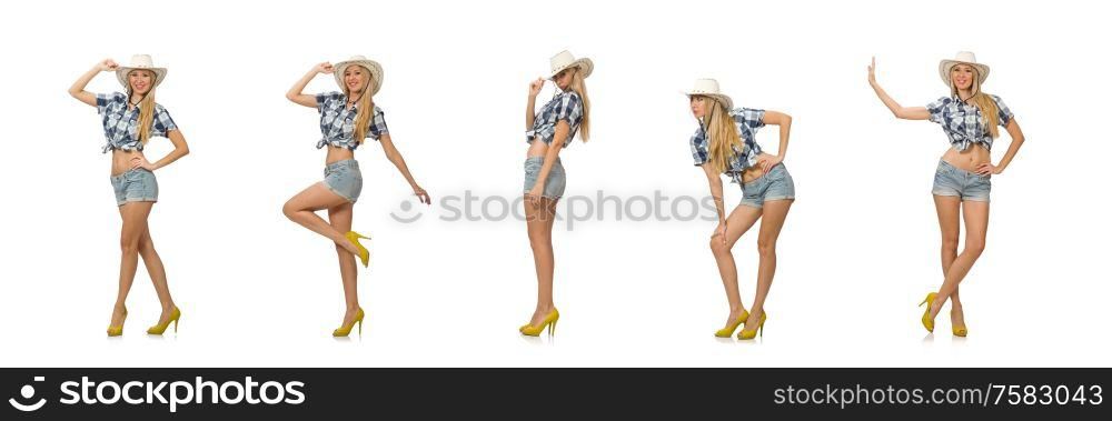 The woman wearing cowboy hat isolated on white. Woman wearing cowboy hat isolated on white