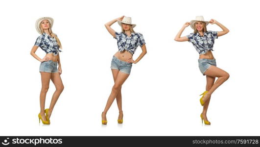 The woman wearing cowboy hat isolated on white. Woman wearing cowboy hat isolated on white