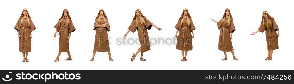 The woman wearing medieval arab clothing on white. Woman wearing medieval arab clothing on white