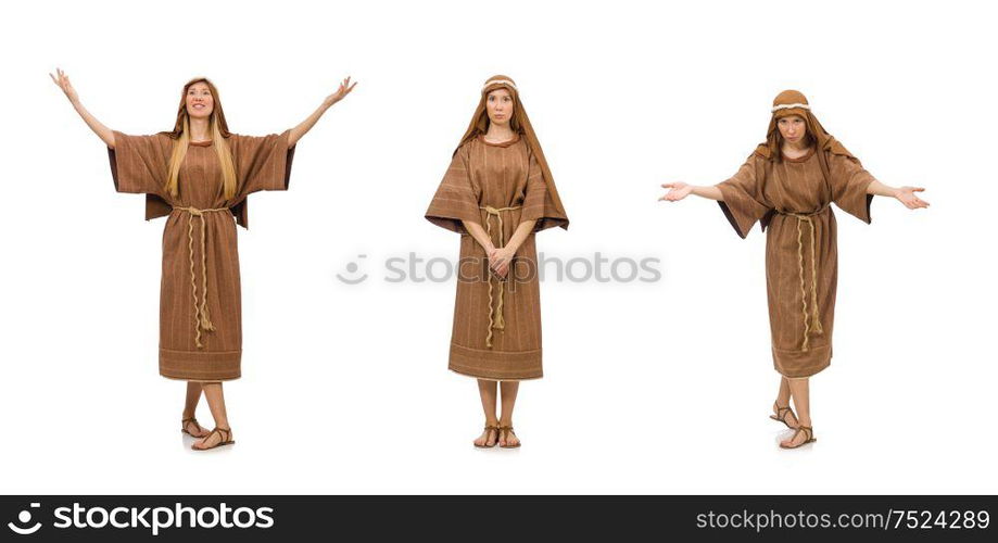 The woman wearing medieval arab clothing on white. Woman wearing medieval arab clothing on white