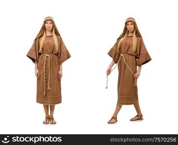 The woman wearing medieval arab clothing on white. Woman wearing medieval arab clothing on white