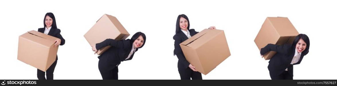 The woman with box on white. Woman with box on white