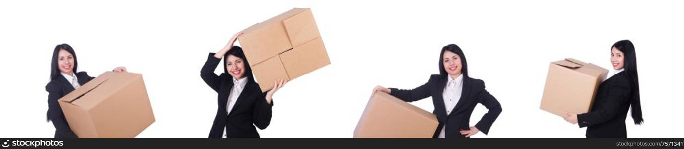 The woman with box on white. Woman with box on white