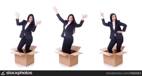 The woman with boxes on white. Woman with boxes on white