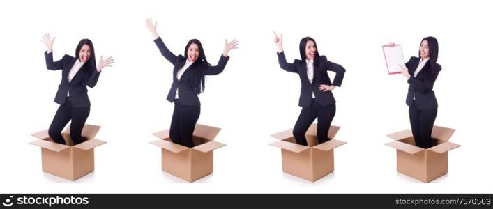 The woman with boxes on white. Woman with boxes on white