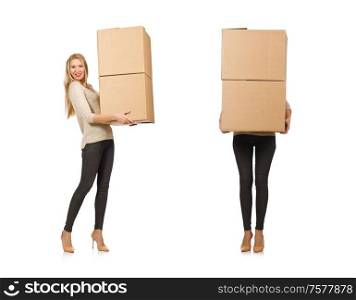 The woman with boxes relocating to new house isolated on white. Woman with boxes relocating to new house isolated on white