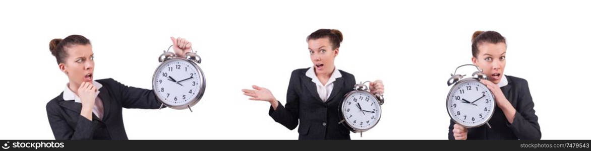 The woman with giant clock on white. Woman with giant clock on white