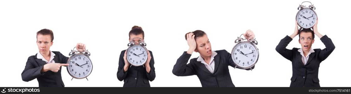 The woman with giant clock on white. Woman with giant clock on white