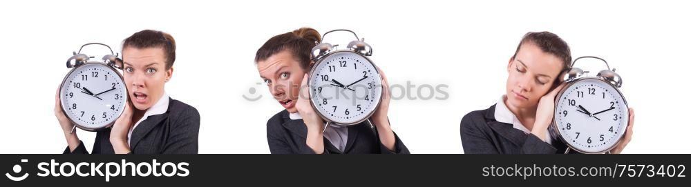 The woman with giant clock on white. Woman with giant clock on white