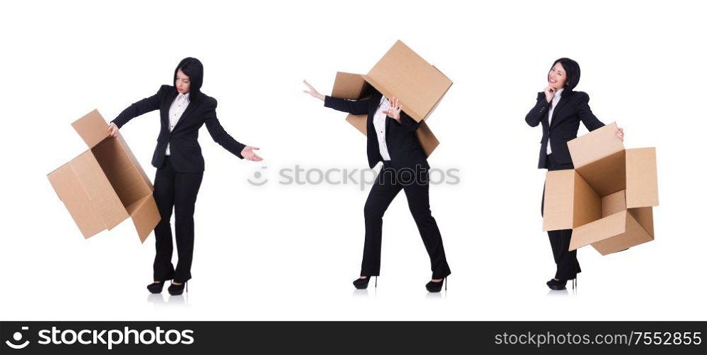 The woman with lots of boxes on white. Woman with lots of boxes on white
