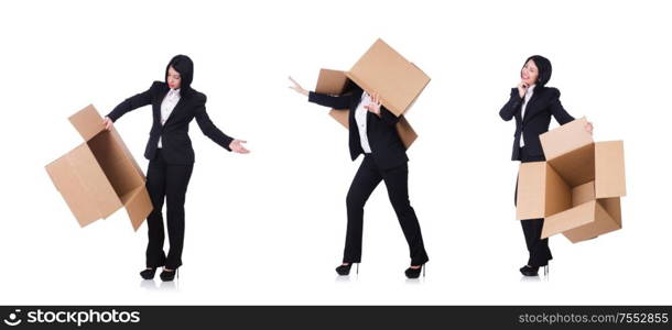 The woman with lots of boxes on white. Woman with lots of boxes on white