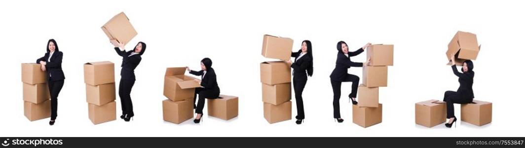 The woman with lots of boxes on white. Woman with lots of boxes on white