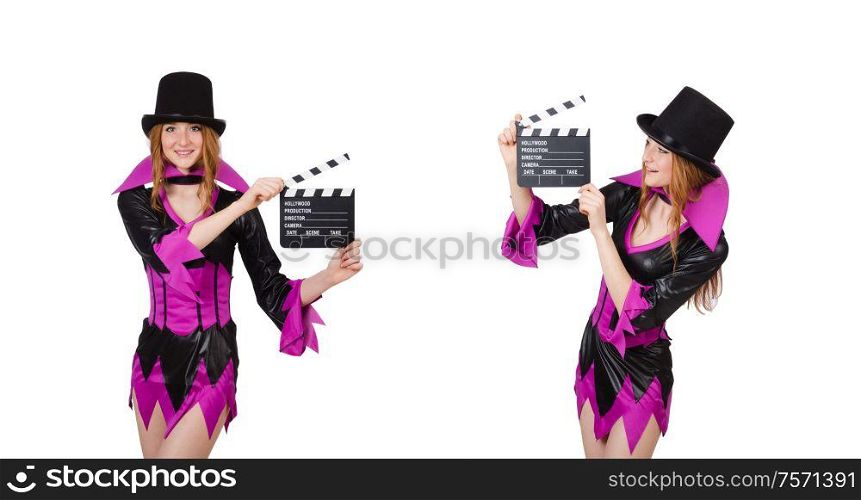The woman with movie board on white. Woman with movie board on white