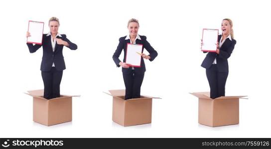 The woman with paper pad out of box. Woman with paper pad out of box