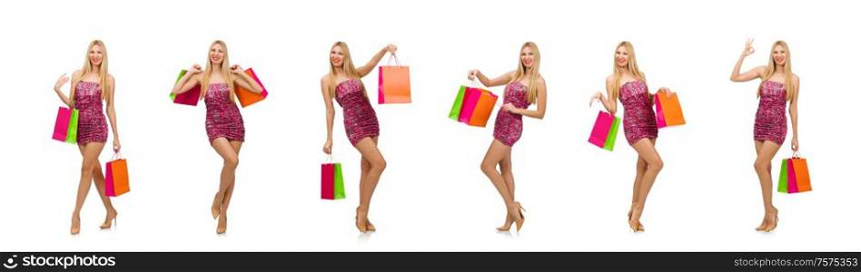 The woman with shopping bags isolated on white. Woman with shopping bags isolated on white