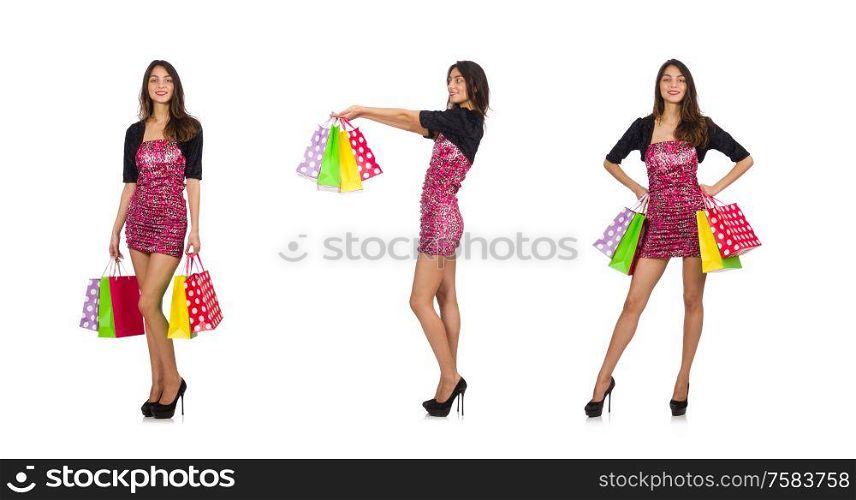 The woman with shopping bags isolated on white. Woman with shopping bags isolated on white
