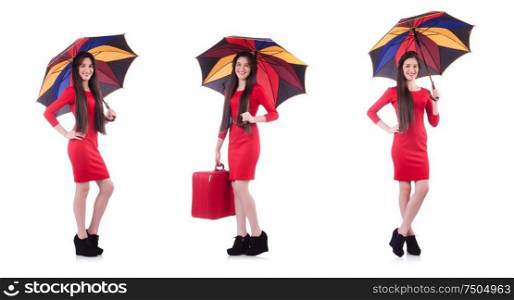The woman with suitcase and umbrella isolated on white. Woman with suitcase and umbrella isolated on white