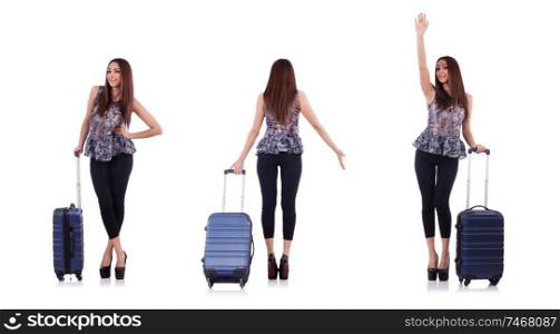 The woman with suitcase in travel concept isolated on white. Woman with suitcase in travel concept isolated on white