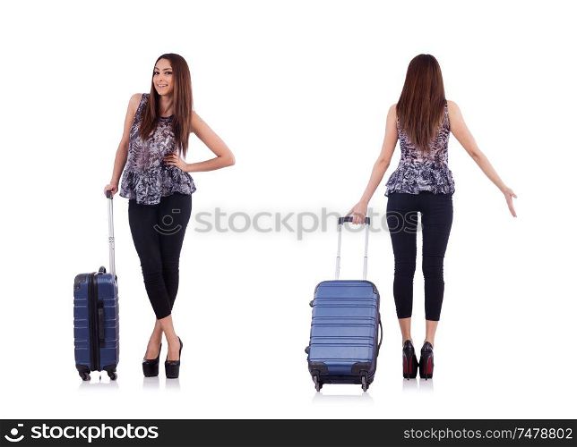 The woman with suitcase in travel concept isolated on white. Woman with suitcase in travel concept isolated on white