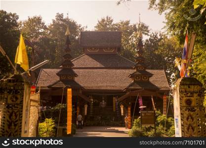 the Wood Temple of Wat Jom Sawan in the old Town the city centre of Phrae in the north of Thailand. Thailand, Phrae November, 2018.. THAILAND PHRAE WAT JOM SAWAN