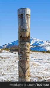 The wooden idol statue near Vilyuchik volcano, Kamchatka Peninsula. wooden idol statue near Vilyuchik volcano, Kamchatka Peninsula