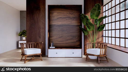The Wooden interior design,zen modern living room Japanese style.3D rendering