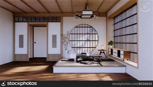 The Wooden interior design,zen modern living room Japanese style.3D rendering