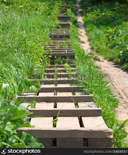 The wooden ladder is located a hill slope
