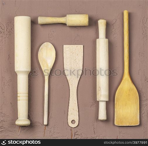 The wooden spoons, spatulas and a rolling pin