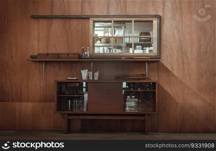 The Wooden Vintage Cabinet for Storing Dishes is placed in front of the Wooden Wall, which is outside of the Kitchen Counter. The Japanese Minimalist Restaurant Interior Design. Selective focus.
