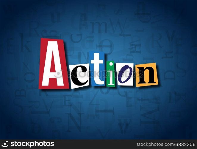 The word Action made from cutout letters on a blue background
