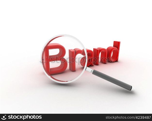 The word Brand under a magnifying glass illustrating marketing and advertising to build customer loyalty and reputation