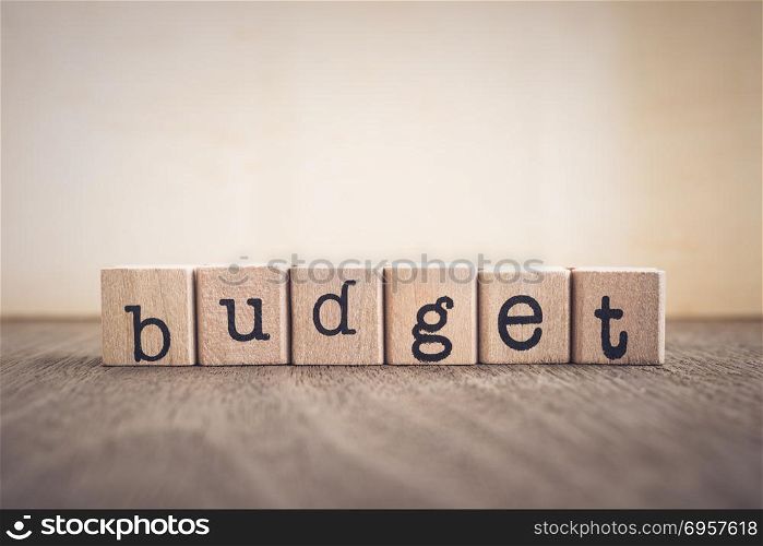 The word Budget, vintage blank space background.. The word Budget, text on wooden cubes on table top. Background copy space, vintage minimal style. Concepts for business management, financial plan, investment fund and money saving.
