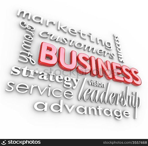 The word Business surrounded by management and organization concepts such as leadership, marketing, strategy, vision, growth, success, advantage and more as an idea background