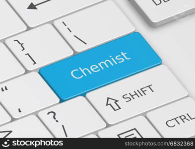 The word Chemist written on a blue key from the keyboard