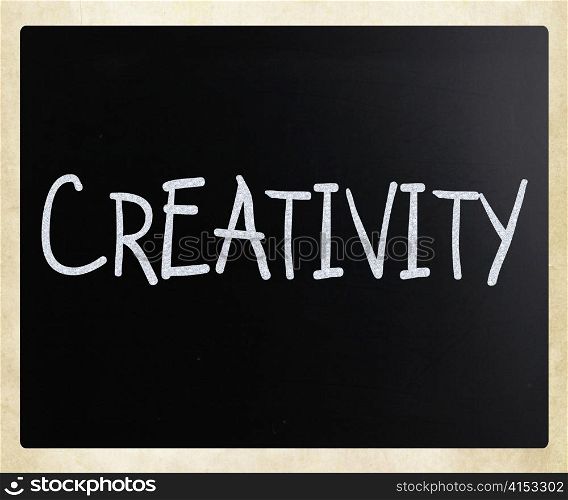 "The word "Creativity" handwritten with white chalk on a blackboard"