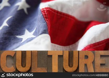 the word culture on an American flag background