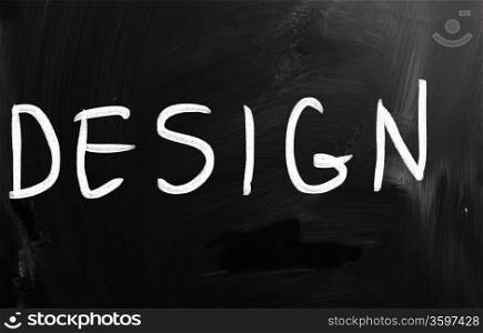 "The word "Design" handwritten with white chalk on a blackboard"